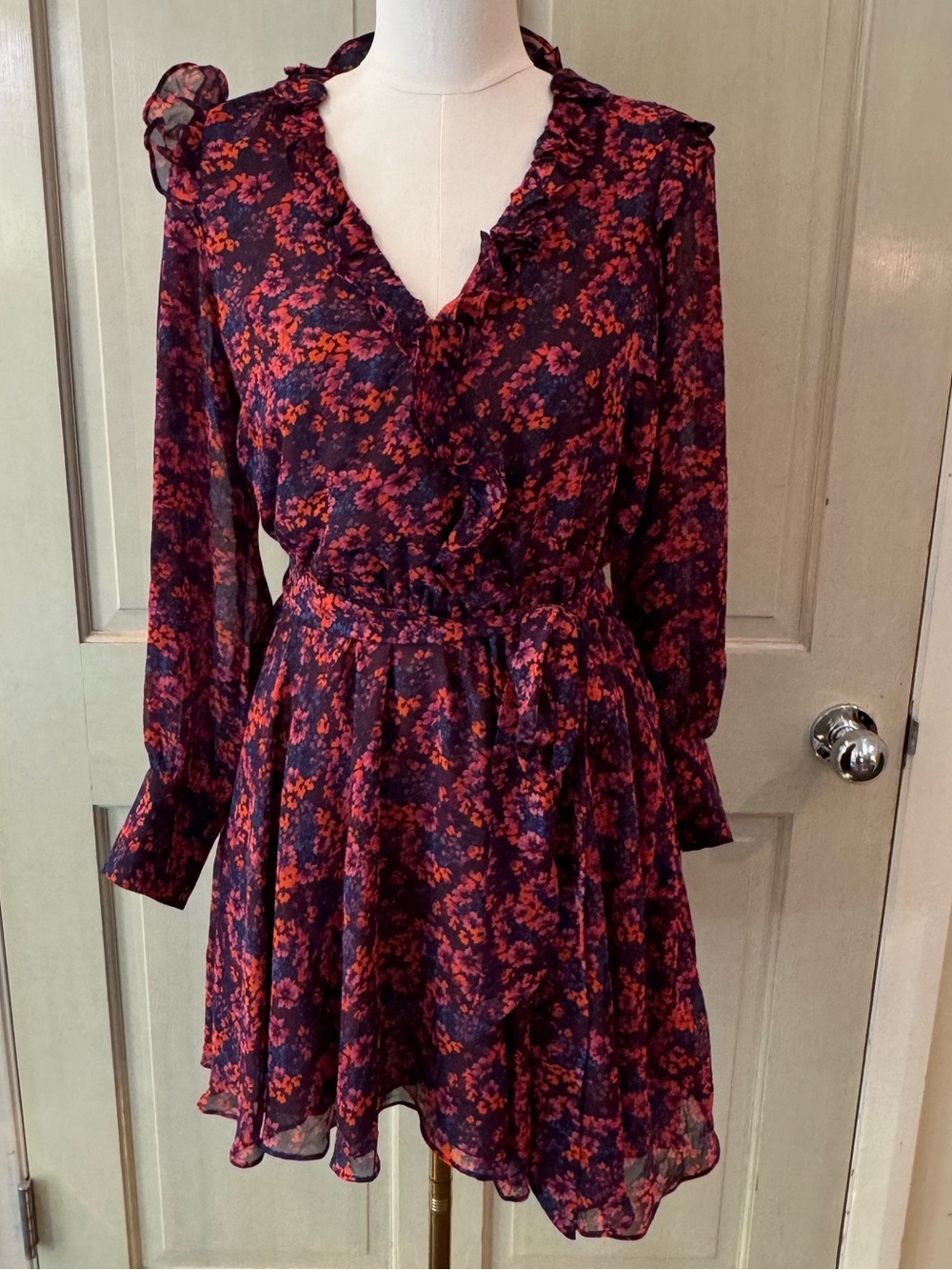 Dress Forum Burgundy and Pink Floral Ruffle V-Neck Long-Sleeve Dress